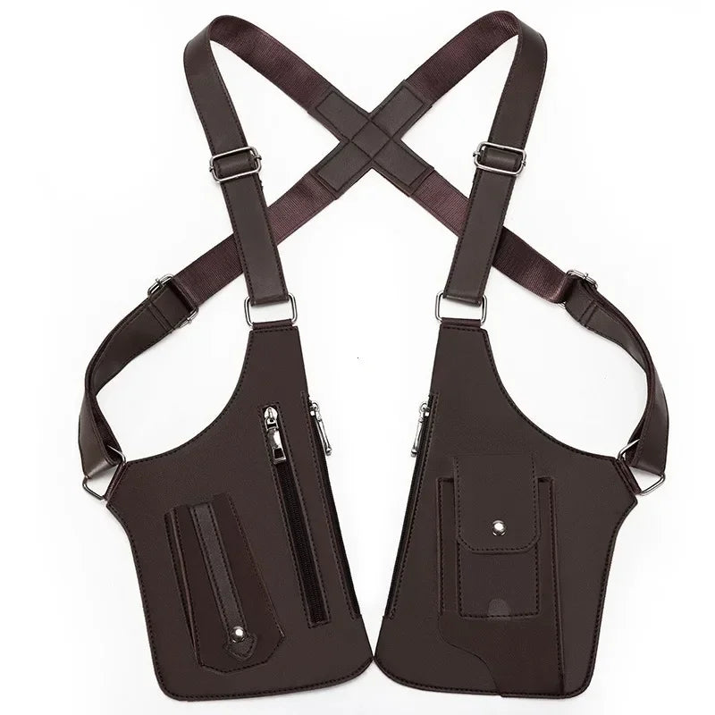 Men's Back Crossbody Bags Double Shoulder Strap Multi-Pocket Outdoor Anti-Theft Tactical Vest Chest Bag Waterproof PU Leather