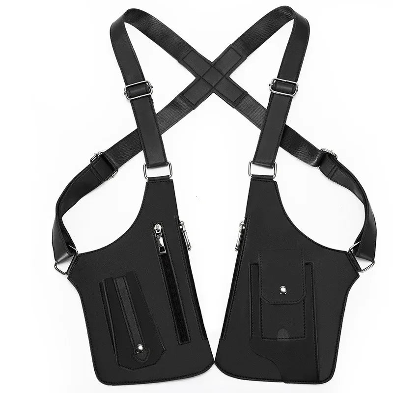 Men's Back Crossbody Bags Double Shoulder Strap Multi-Pocket Outdoor Anti-Theft Tactical Vest Chest Bag Waterproof PU Leather