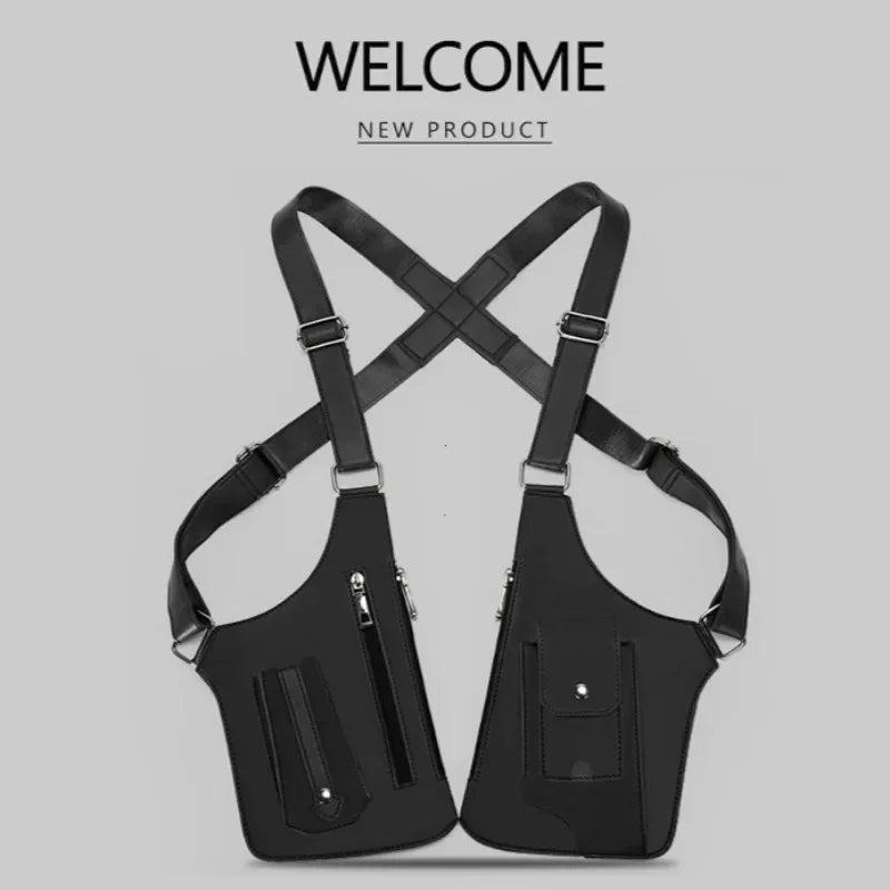 Men's Back Crossbody Bags Double Shoulder Strap Multi-Pocket Outdoor Anti-Theft Tactical Vest Chest Bag Waterproof PU Leather