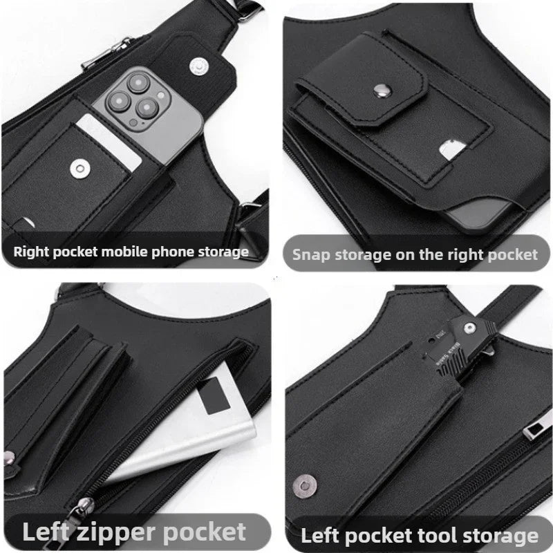 Men's Back Crossbody Bags Double Shoulder Strap Multi-Pocket Outdoor Anti-Theft Tactical Vest Chest Bag Waterproof PU Leather