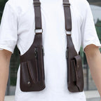Men's Back Crossbody Bags Double Shoulder Strap Multi-Pocket Outdoor Anti-Theft Tactical Vest Chest Bag Waterproof PU Leather