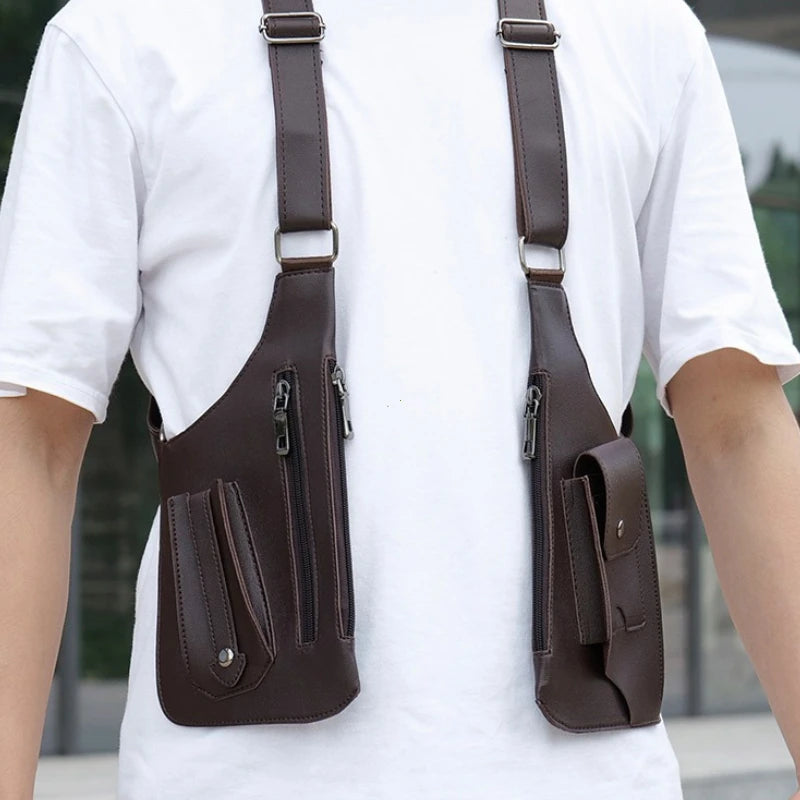 Men's Back Crossbody Bags Double Shoulder Strap Multi-Pocket Outdoor Anti-Theft Tactical Vest Chest Bag Waterproof PU Leather