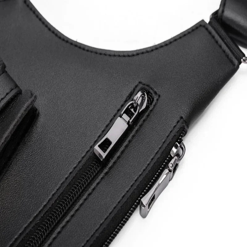 Men's Back Crossbody Bags Double Shoulder Strap Multi-Pocket Outdoor Anti-Theft Tactical Vest Chest Bag Waterproof PU Leather